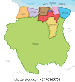 Vector illustrated map of Suriname with districts and administrative divisions, and neighbouring countries. Editable and clearly labeled layers.