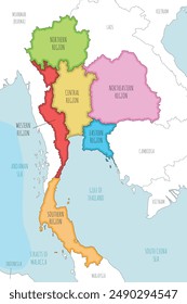 Vector illustrated map of Thailand with regions and administrative divisions, and neighbouring countries and territories. Editable and clearly labeled layers.