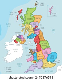 Vector illustrated map of UK with administrative divisions, and neighbouring countries. Editable and clearly labeled layers.