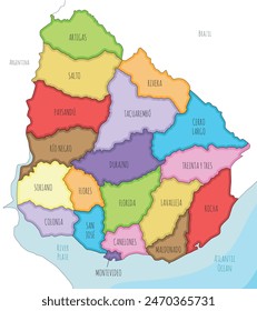 Vector illustrated map of Uruguay with departments and administrative divisions, and neighbouring countries. Editable and clearly labeled layers.