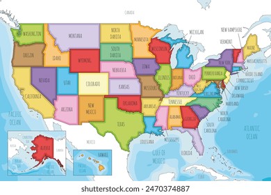 Vector illustrated map of USA with states and administrative divisions, and neighbouring countries. Editable and clearly labeled layers.