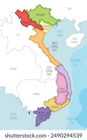 Vector illustrated map of Vietnam with regions and administrative divisions, and neighbouring countries and territories. Editable and clearly labeled layers.