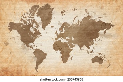 Vector Illustrated map of the world with a textured background and watercolor spots. Grunge background.