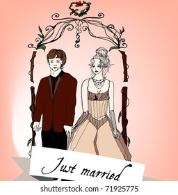 vector illustrated newly wedded couple