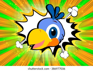 Vector illustrated parrot head on comic book style background.