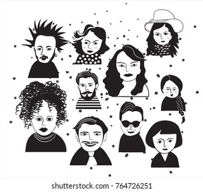 vector illustrated people faces. crowd avatar collection. man woman boy girl. hairstyles beauty hipster glasses. hand drawn sketch. stylish arty unusual. 