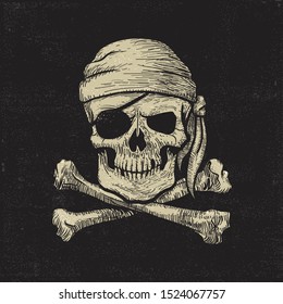Vector illustrated pirate skull with crossbones wearing an eyepatch and a bandana in retro style