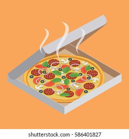 Vector illustrated Pizza in open box.