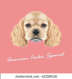 Vector Illustrated portrait of American Cocker Spaniel puppy. Cute fluffy golden face of domestic dog on pink background.