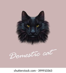 Vector Illustrated Portrait of Black Cat. Cute face of domestic cat with yellow eyes on brown background.