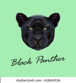 Vector Illustrated portrait of Black panther. Cute fluffy face of Big cat on green background.