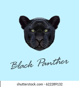 Vector Illustrated Portrait Of Black Panther. Cute Fluffy Face Of Big Cat With Green Eyes On Blue Background.