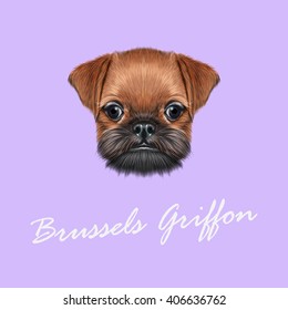 Vector Illustrated portrait of Brussels Griffon puppy. Cute bearded face of domestic dog on violet background.