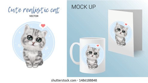 Vector Illustrated Portrait of cute realistic cat. Cute face of white domestic cat with big blue eyes. 