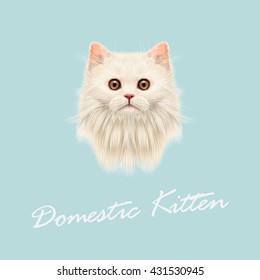Vector Illustrated portrait of Domestic cat. Cute white fluffy face of kitten on blue  background.
