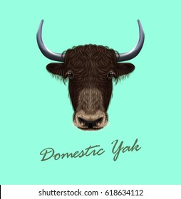 Vector Illustrated portrait of Domestic yak. Cute fluffy brown face of Bovid on blue background.