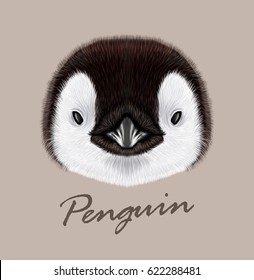 Vector Illustrated portrait of Emperor penguin chick. Cute fluffy face of Bird baby on beige background.