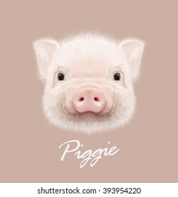 Vector illustrated portrait of farm pig. Cute head of little Piggy on tan background.
