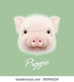 Vector illustrated portrait of farm pig.Cute head of little Piggy on green background.