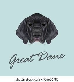 Vector Illustrated portrait of German Great Dane puppy. Cute face of black domestic dog on blue background.