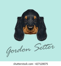 Vector Illustrated Portrait of Gordon Setter dog. Cute black curly face of domestic puppy on blue background.