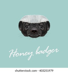 Vector Illustrated portrait of Honey badger. Cute face of ratel on blue background.