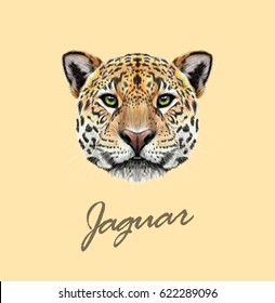 Vector Illustrated Portrait Of Jaguar. Cute Fluffy Face Of Big Cat With Green Eyes On Tan Background.