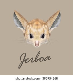 Vector illustrated portrait of Jerboa. Cute red face of desert small mammal on tan background