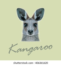 Vector Illustrated portrait of Kangaroo. Cute head of wild Australian mammal on beige background.