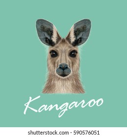 Vector Illustrated portrait of Kangaroo. Cute head of wild Australian mammal on blue background.