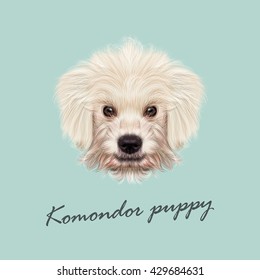 Vector Illustrated Portrait of Komondor puppy. Cute white fluffy face of  domestic dog on blue background.