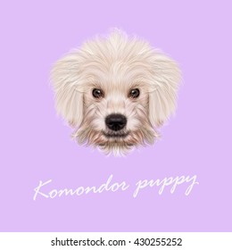 Vector Illustrated Portrait of Komondor puppy. Cute white fluffy face of  domestic dog on violet background.