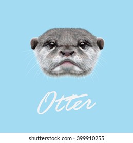 Vector Illustrated Portrait of Otter. Cute face of  aquatic Otter on blue background.