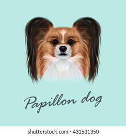 Vector Illustrated Portrait of Papillon dog. Cute fluffy face of Continental Toy Spaniel dog on blue background.