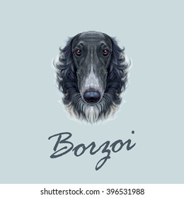 Vector Illustrated Portrait Of Russian Borzoi Dog. Cute Face Of Black Greyhound Domestic Dog On Blue Background.