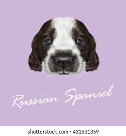 Vector Illustrated portrait of Russian Spaniel Puppy. Cute bicolor face of domestic puppy on violet background.