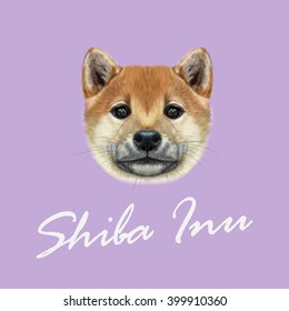 Vector Illustrated portrait of Shiba Inu Dog. Cute red face of domestic dog on violet background.