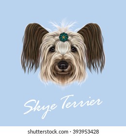 Vector illustrated Portrait of Skye Terrier. Cute face of dog on blue background.