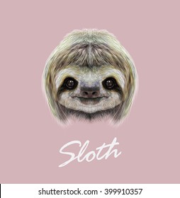 Vector Illustrated Portrait of Sloth. Cute face of tropical Three-toed Sloth on pink background.