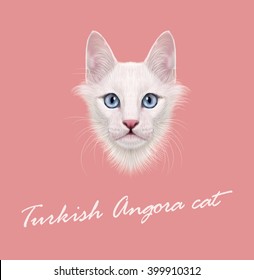 Vector Illustrated Portrait of Turkish Angora cat. Cute face of white domestic cat with blue eyes on pink background.