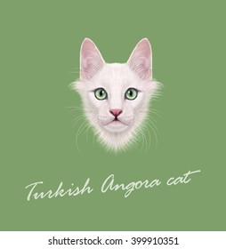 Vector Illustrated Portrait of Turkish Angora cat. Cute face of white domestic cat with green eyes on green background.