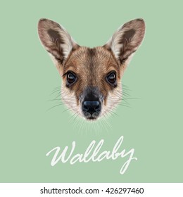 Vector Illustrated Portrait of Wallaby. Cute face of wild Australian mammal Wallaby on green background.