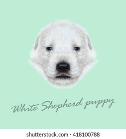Vector Illustrated Portrait of White Shepherd Puppy. Cute face of white Dog on blue background