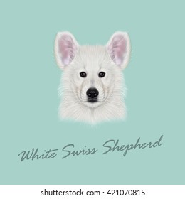 Vector Illustrated Portrait of White Swiss Shepherd dog. Cute white fluffy face of domestic puppy on blue background.