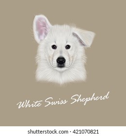 Vector Illustrated Portrait of White Swiss Shepherd dog. Cute white fluffy face of domestic puppy on beige background.