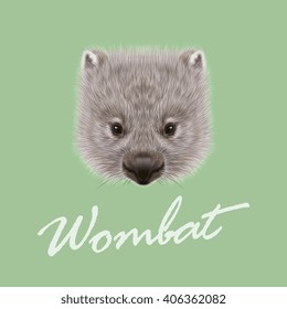 Vector Illustrated portrait of Wombat. Cute face of Australian mammal on green background.