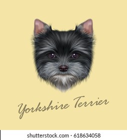 Vector Illustrated portrait of Yorkshire Terrier puppy. Cute fluffy grey face of domestic dog on tan background.