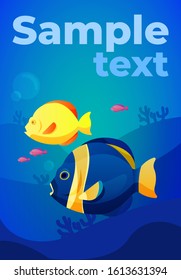 Vector illustrated poster with bright tropical fishes, blue underwater landscape and place for your text