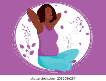 Vector illustrated pregnant black hair woman in sitting pose on a purple background with circles