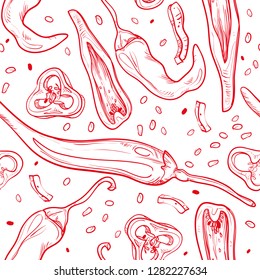 Vector illustrated red paprika chili pepper vegetable linear drawing pattern set